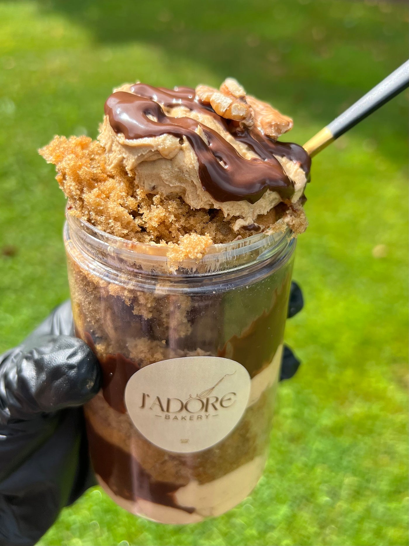 Coffee and walnut cake in a jar