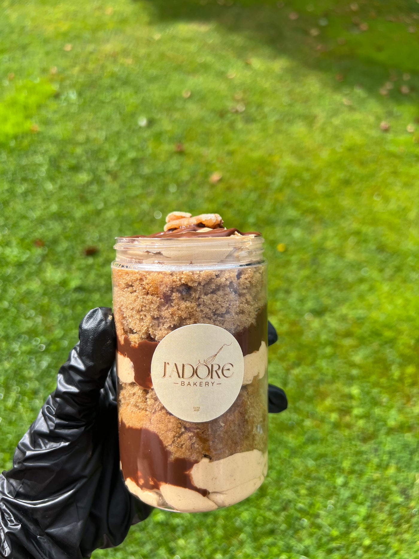 Coffee and walnut cake in a jar